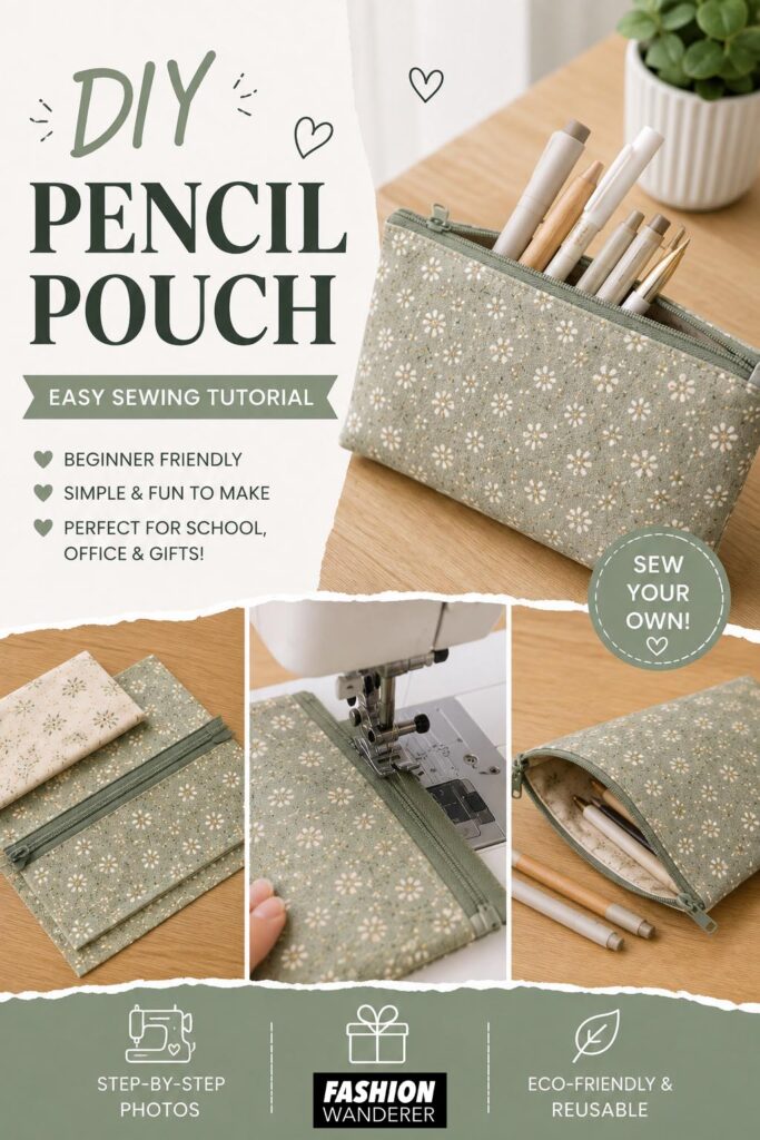 DIY pencil pouch easy sewing tutorial featuring a sage green floral zipper pencil case with step-by-step photos, perfect for beginners, school supplies and handmade gifts.