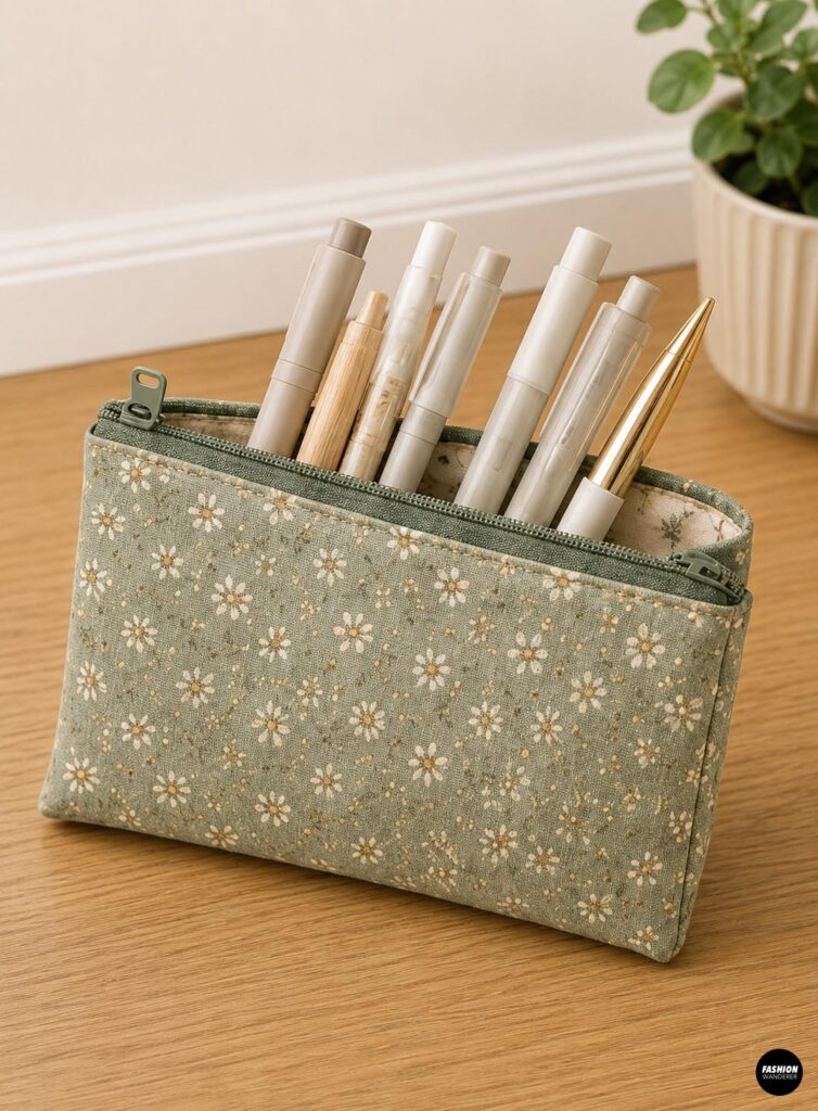 Handmade sage green floral zipper pencil pouch filled with pens and markers, an easy beginner sewing project for back-to-school supplies.