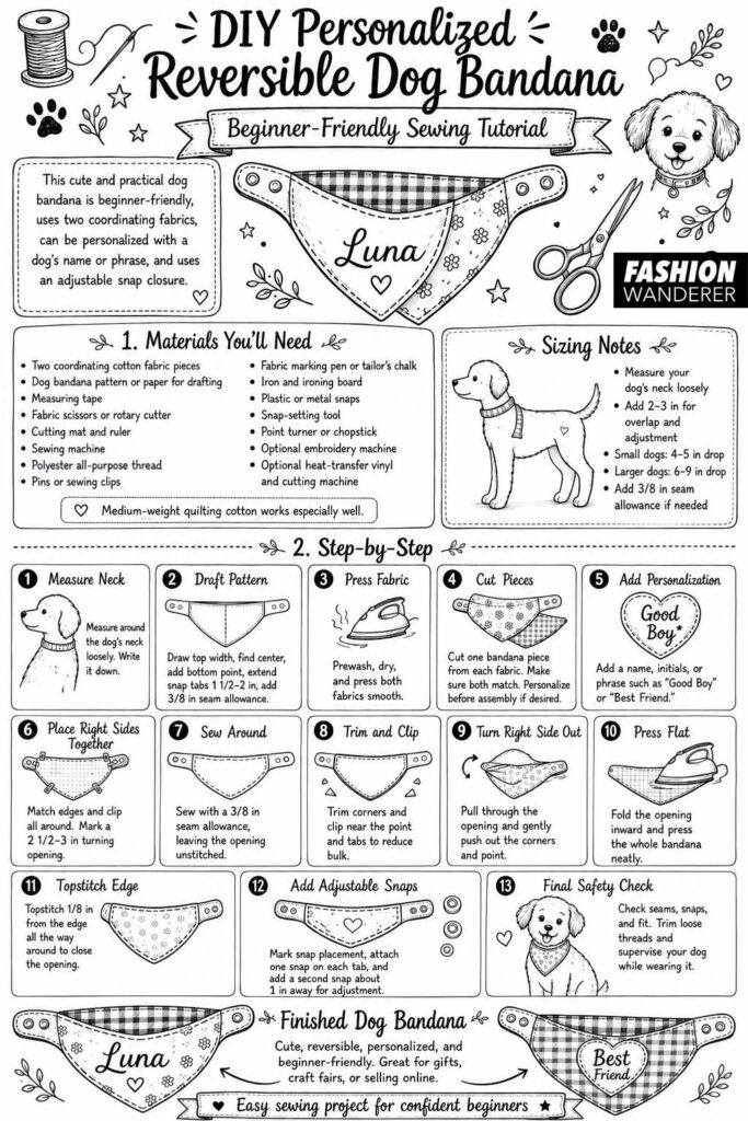 Black-and-white sewing infographic for a DIY personalized reversible dog bandana, featuring materials, sizing tips, and 13 illustrated beginner-friendly steps from measuring the dog&rsquo;s neck to adding adjustable snaps.