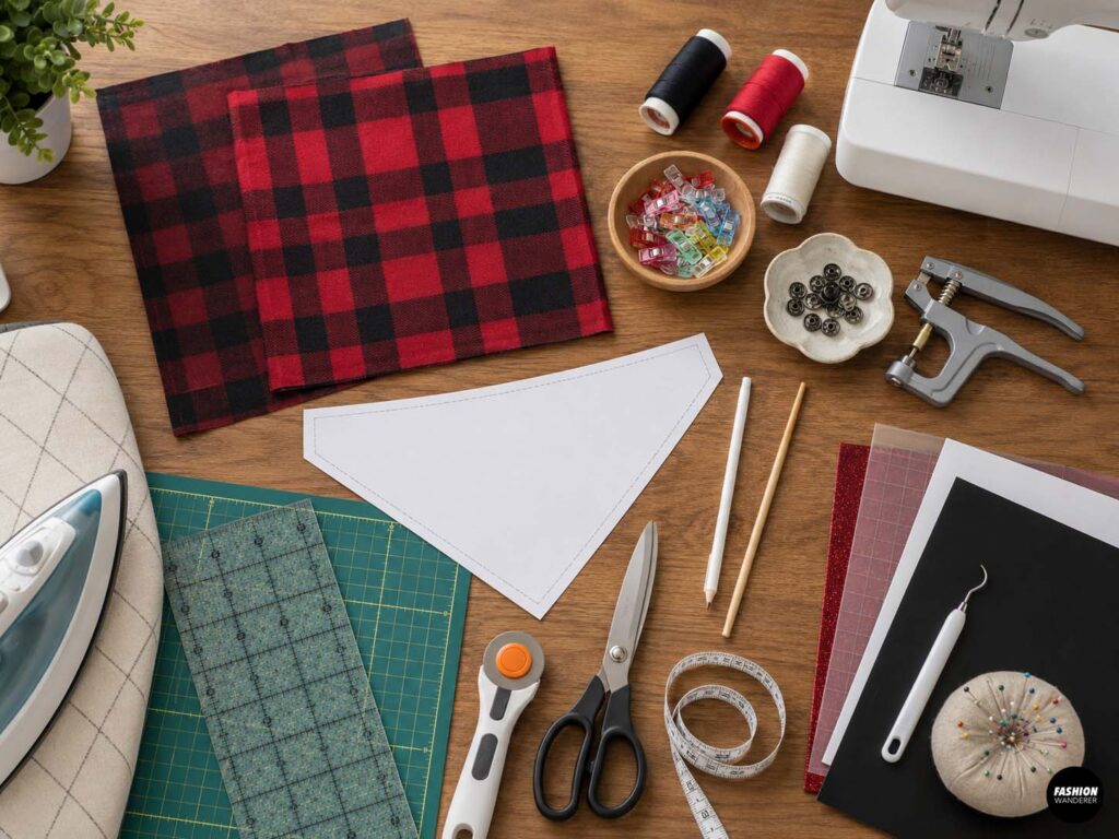 Flat lay of supplies for sewing a personalized reversible dog bandana, including red buffalo plaid fabric, paper pattern, sewing machine, snaps, snap pliers, thread, scissors, rotary cutter, ruler, measuring tape, iron, clips, pins, and marking tools.