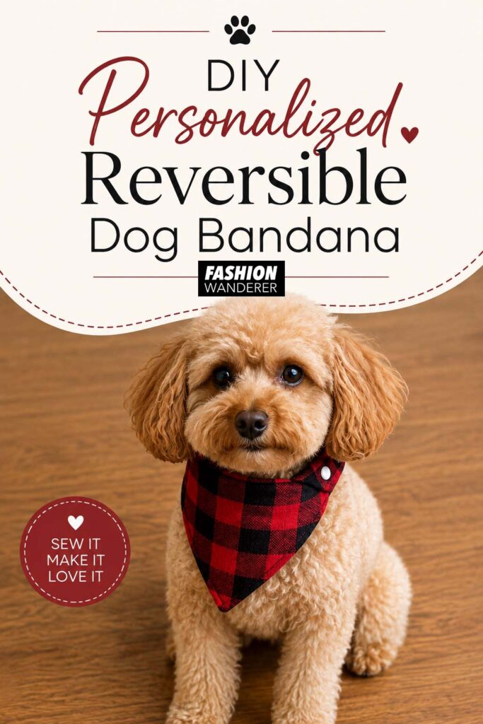 Vertical Pinterest pin featuring a small curly-haired dog wearing a red and black buffalo plaid bandana with adjustable snap closure and the title DIY Personalized Reversible Dog Bandana.