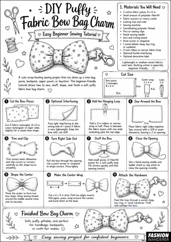 Black-and-white illustrated DIY puffy fabric bow bag charm sewing infographic with materials, cutting dimensions, and 11 beginner-friendly steps for sewing, stuffing, shaping, adding a center wrap, and attaching bag charm hardware