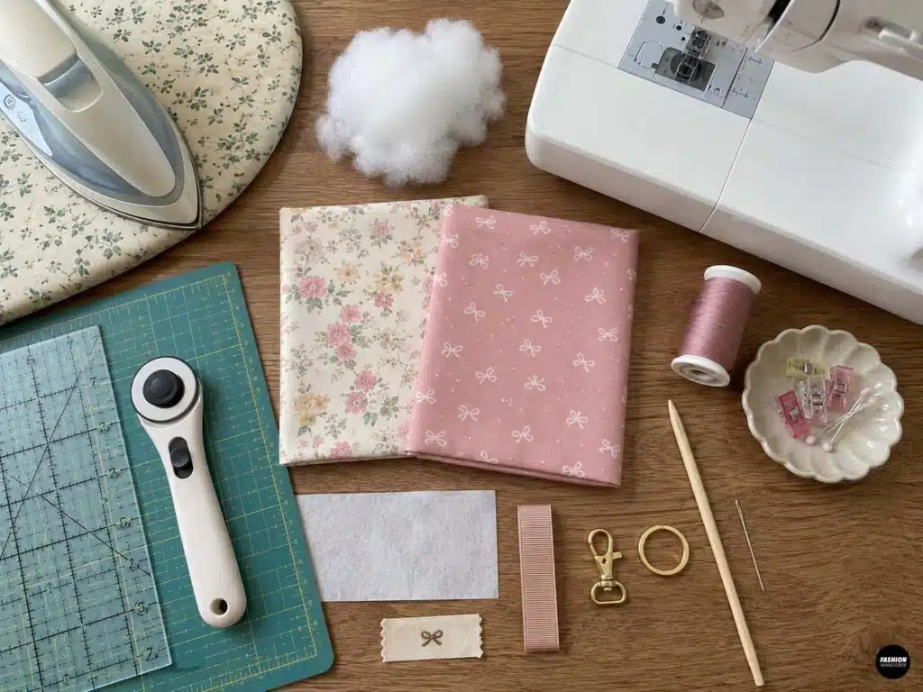 Top-down flat lay of materials for a DIY puffy fabric bow bag charm, including pink bow-print and floral cotton fabrics, sewing machine, iron, fiberfill, interfacing, rotary cutter, ruler, thread, clips, pins, ribbon, needle, and gold clasp hardware.