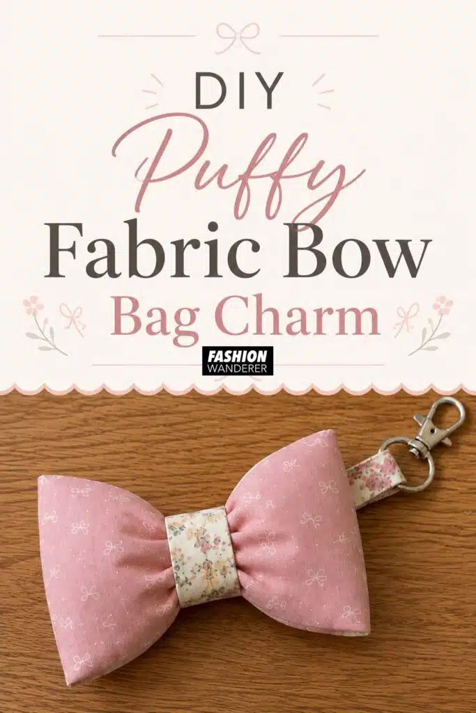 Vertical Pinterest pin featuring a finished pink puffy fabric bow bag charm with floral center and silver lobster clasp on a wood background, with the title “DIY Puffy Fabric Bow Bag Charm.”