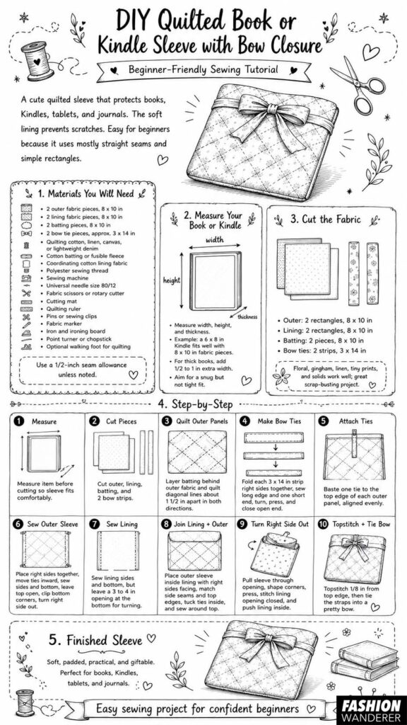 Black-and-white sewing infographic for a DIY quilted book or Kindle sleeve with bow closure, featuring materials, measurements, fabric cutting instructions, and 10 illustrated beginner-friendly sewing steps.