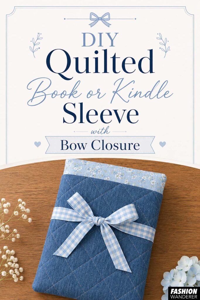 Pinterest pin for a DIY quilted book or Kindle sleeve with bow closure, featuring a finished blue diamond-quilted sleeve with floral lining and a blue gingham bow on a wooden table with delicate flowers.