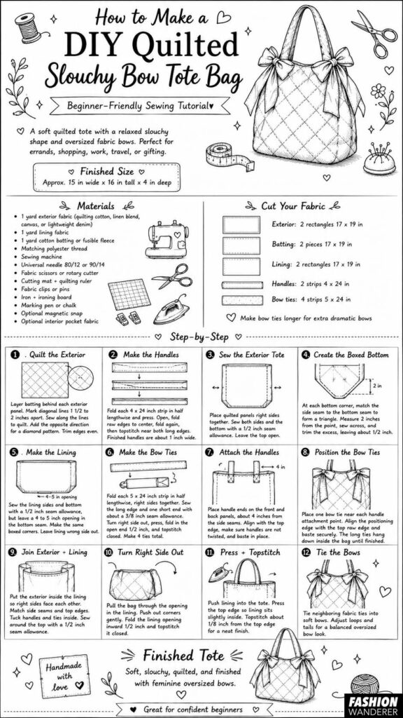 Black-and-white illustrated sewing infographic for a DIY quilted slouchy bow tote bag, featuring materials, fabric cutting measurements, finished size, and 12 beginner-friendly construction steps.