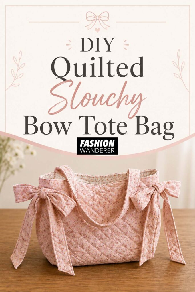 Pinterest pin for a DIY quilted slouchy bow tote bag sewing tutorial featuring a finished pink floral quilted tote with oversized fabric bows, long handles, and a soft structured shape.