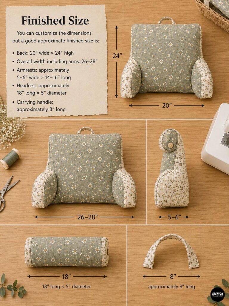 Finished size chart for a handmade reading pillow with armrests, showing approximate dimensions for the back cushion, overall width, armrests, rolled headrest, and carrying handle.