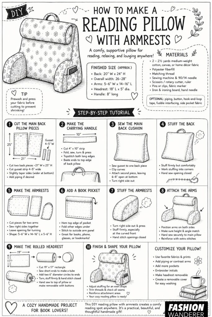 Black-and-white sewing infographic showing how to make a reading pillow with armrests, book pocket, carrying handle, and rolled headrest in 10 beginner-friendly steps.