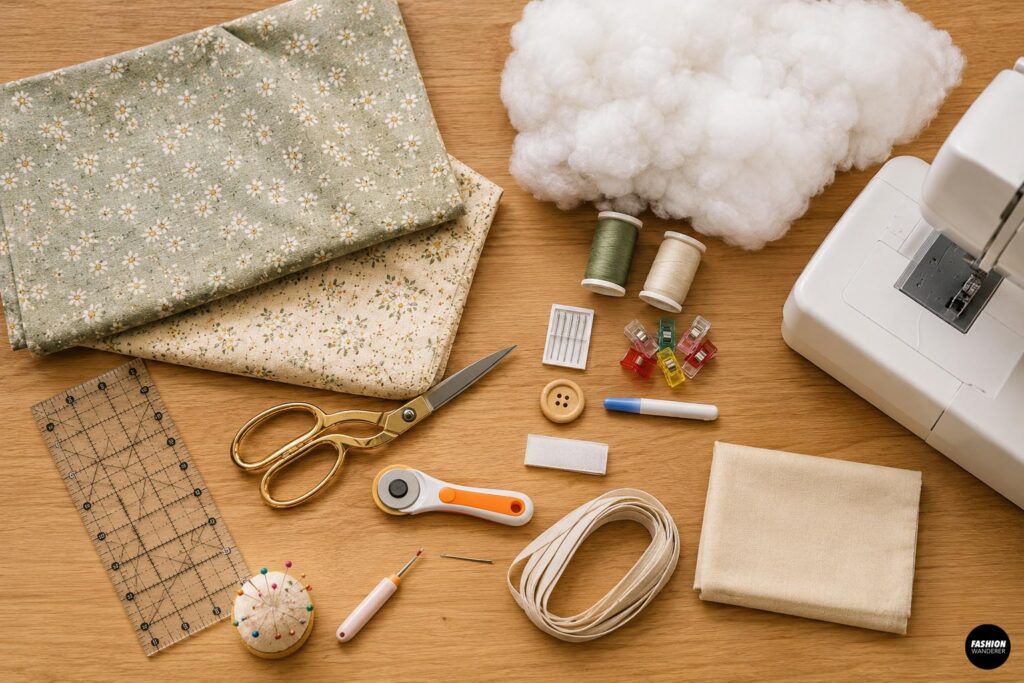Flat lay of supplies for sewing a reading pillow with armrests, including floral cotton fabric, polyester fiberfill, thread, sewing machine, scissors, rotary cutter, ruler, pins, clips, and notions.