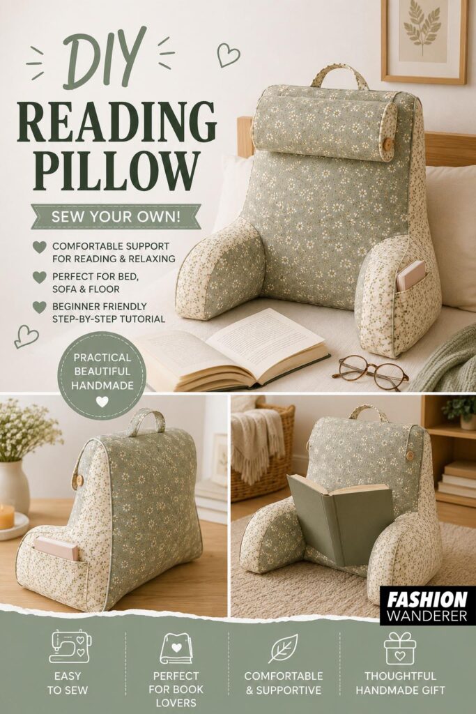 DIY reading pillow with armrests, rolled headrest, carrying handle, and book pocket in sage green floral fabric, with beginner-friendly sewing tutorial inspiration.