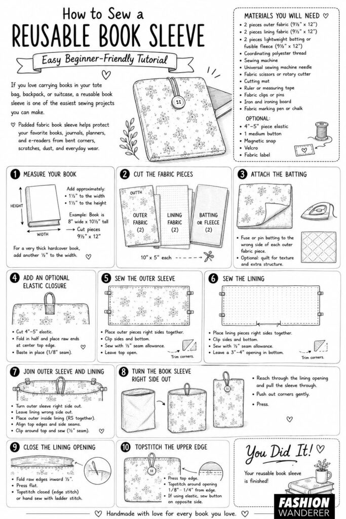 How to sew a reusable book sleeve with beginner-friendly step-by-step instructions, fabric measurements, materials, batting, lining, elastic closure, and topstitching.