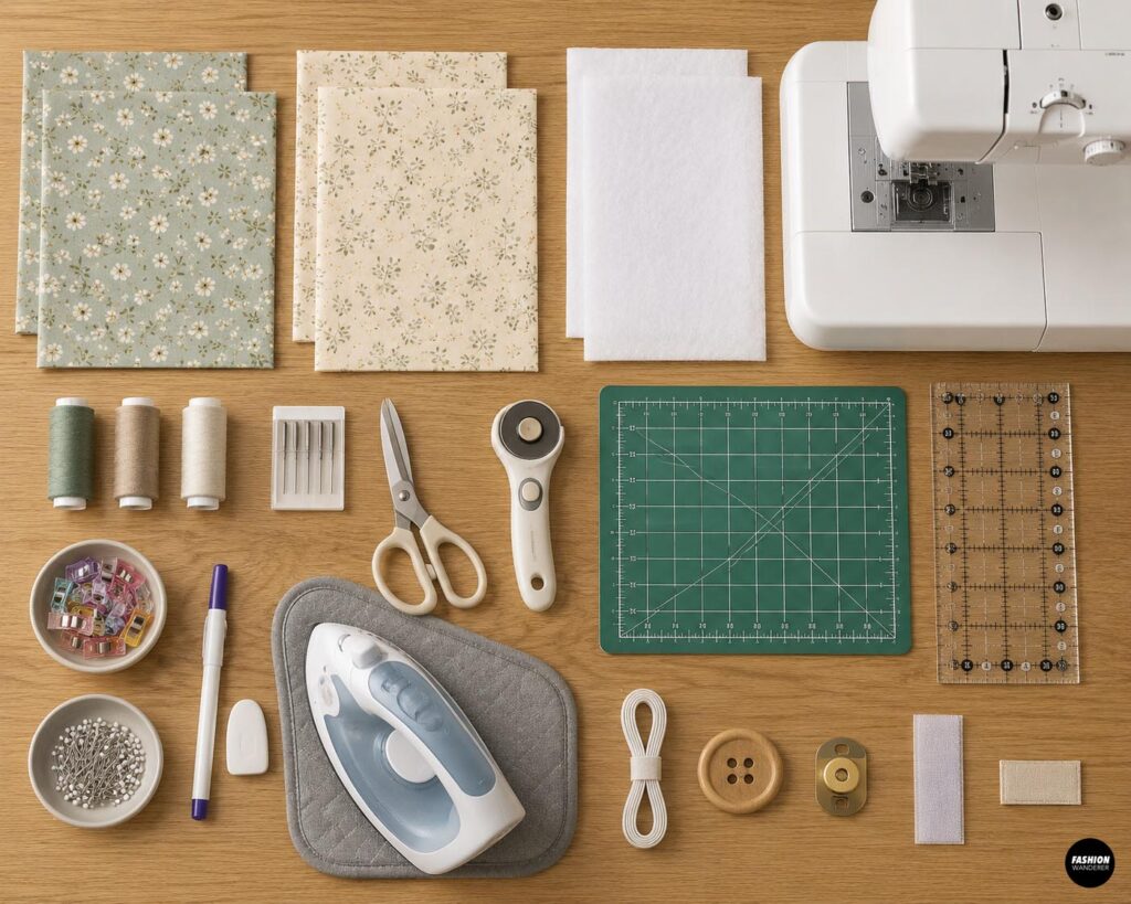 DIY reusable book sleeve sewing supplies including sage green floral fabric, cream floral lining, batting, sewing machine, thread, rotary cutter, ruler, clips, pins, iron, elastic, and button.
