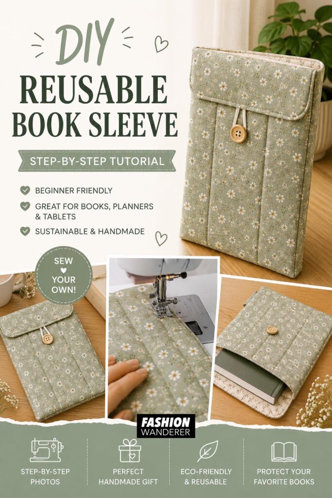 DIY reusable book sleeve sewing tutorial featuring a padded sage green floral fabric book cover with button closure, step-by-step sewing photos, and beginner-friendly instructions.