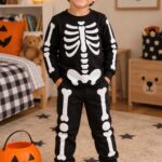 Young boy wearing a black sweatshirt and matching pants decorated with white skeleton bones, standing beside an orange pumpkin trick-or-treat bucket in a Halloween-decorated room.