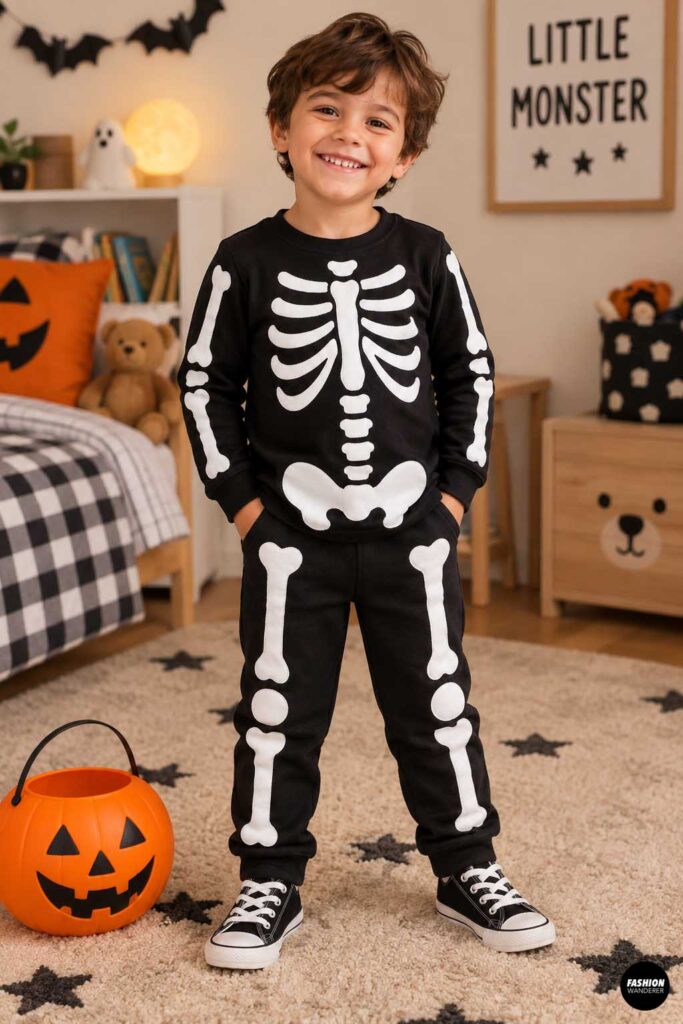 Young boy wearing a black sweatshirt and matching pants decorated with white skeleton bones, standing beside an orange pumpkin trick-or-treat bucket in a Halloween-decorated room.