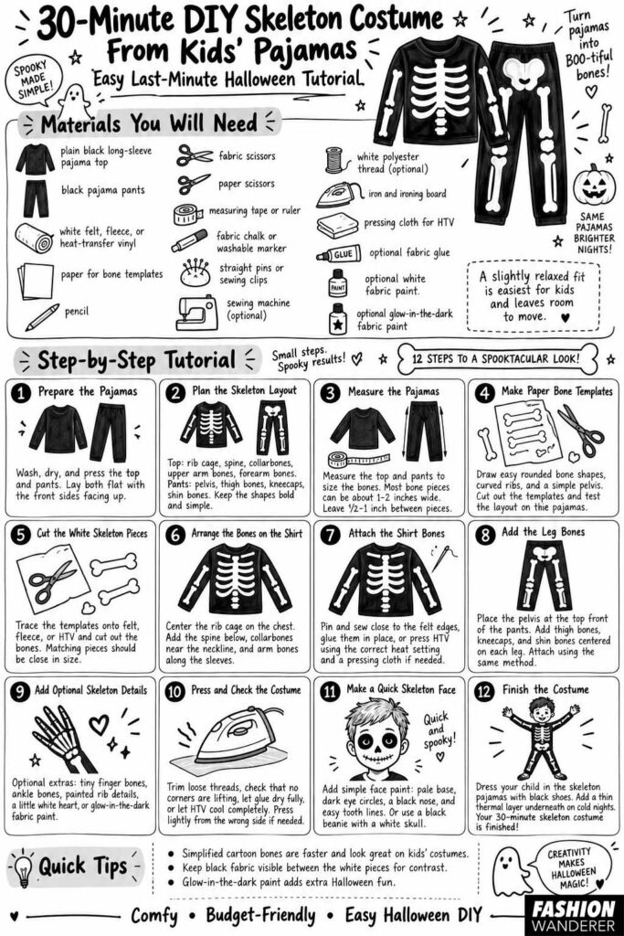 Black-and-white illustrated infographic titled &ldquo;30-Minute DIY Skeleton Costume From Kids&rsquo; Pajamas,&rdquo; featuring a materials list, quick tips, and 12 beginner-friendly steps for measuring, cutting, arranging, attaching, and finishing white skeleton bones on black pajamas.