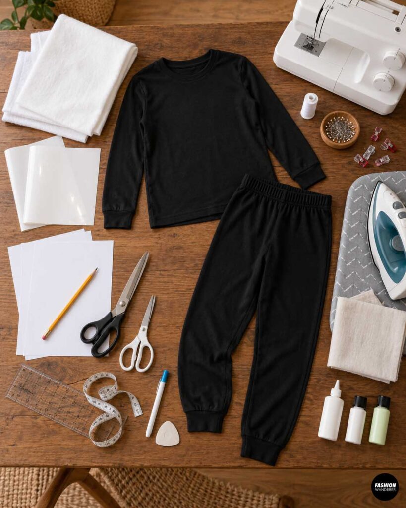 Top-down flat lay of supplies for making a kids&rsquo; skeleton costume, including black long-sleeve pajamas, white felt or fleece, paper, scissors, measuring tape, ruler, fabric marker, pins, clips, thread, fabric glue, sewing machine, iron, and pressing cloth on a wooden table.