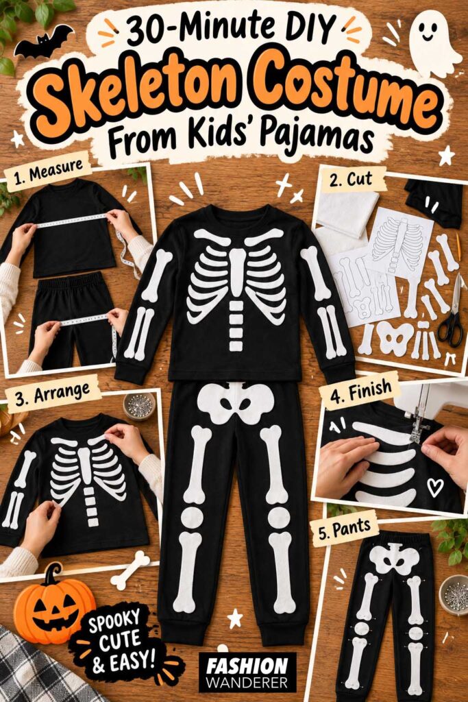 Vertical Pinterest graphic titled &ldquo;30-Minute DIY Skeleton Costume From Kids&rsquo; Pajamas,&rdquo; featuring a finished black skeleton pajama set with white felt bones and step photos for measuring, cutting bone pieces, arranging the design, sewing the bones, and decorating the pants.