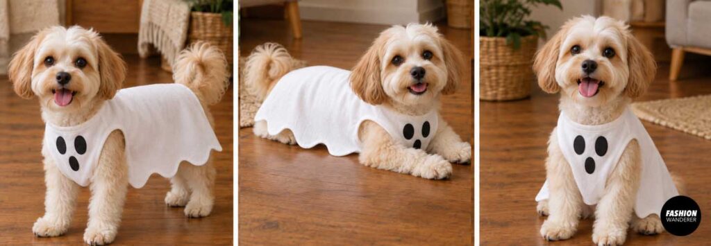Three-photo collage of a small fluffy dog standing, lying down, and sitting in the finished white ghost costume with black felt eyes and mouth, showing comfortable movement and fit.