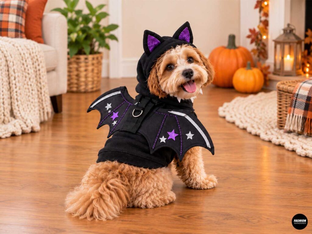 Small dog wearing a black Halloween bat costume with a hood, purple-lined ears, decorative black bat wings, silver accents, and purple stars in an autumn-themed room with pumpkins.