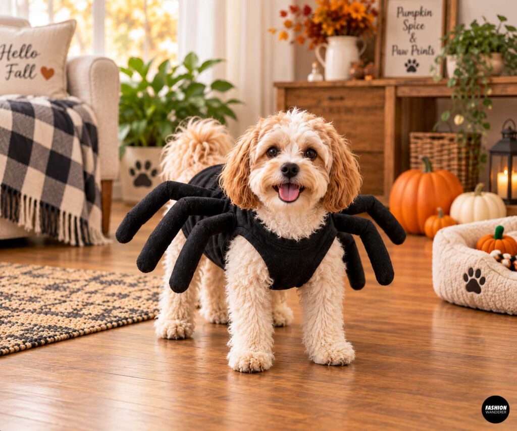 Fluffy dog wearing a black spider Halloween costume with multiple stuffed spider legs attached around the body, photographed in a cozy fall living room with pumpkins and seasonal d&eacute;cor.