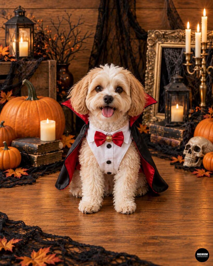 Small dog dressed in a DIY vampire Halloween costume with a white shirt front, black and red cape, dramatic standing collar, red bow tie, and decorative medallion in a spooky candlelit setting.