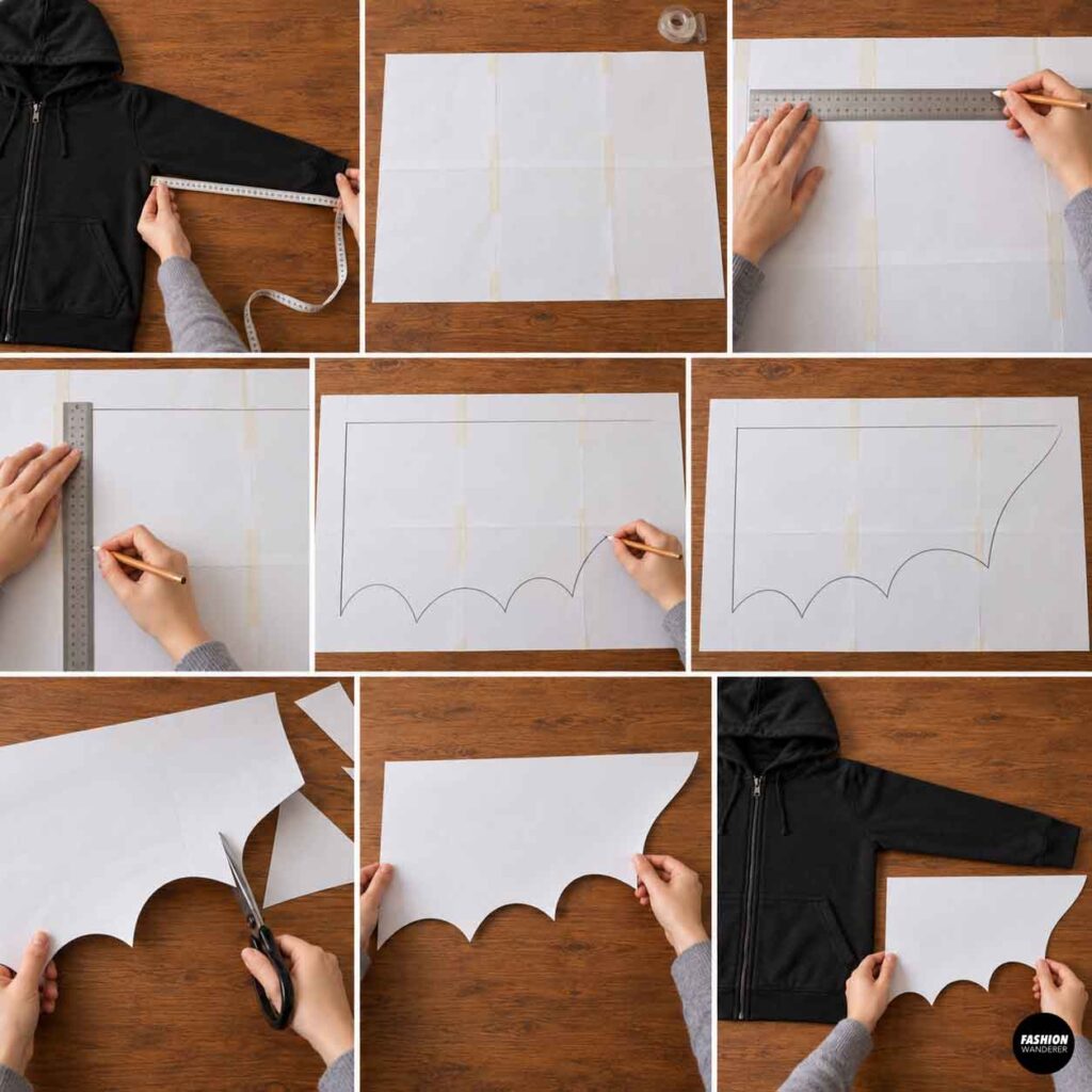 Step-by-step collage showing measurements transferred to taped paper, a scalloped bat wing shape drawn with a ruler and pencil, and the finished paper wing template cut out.