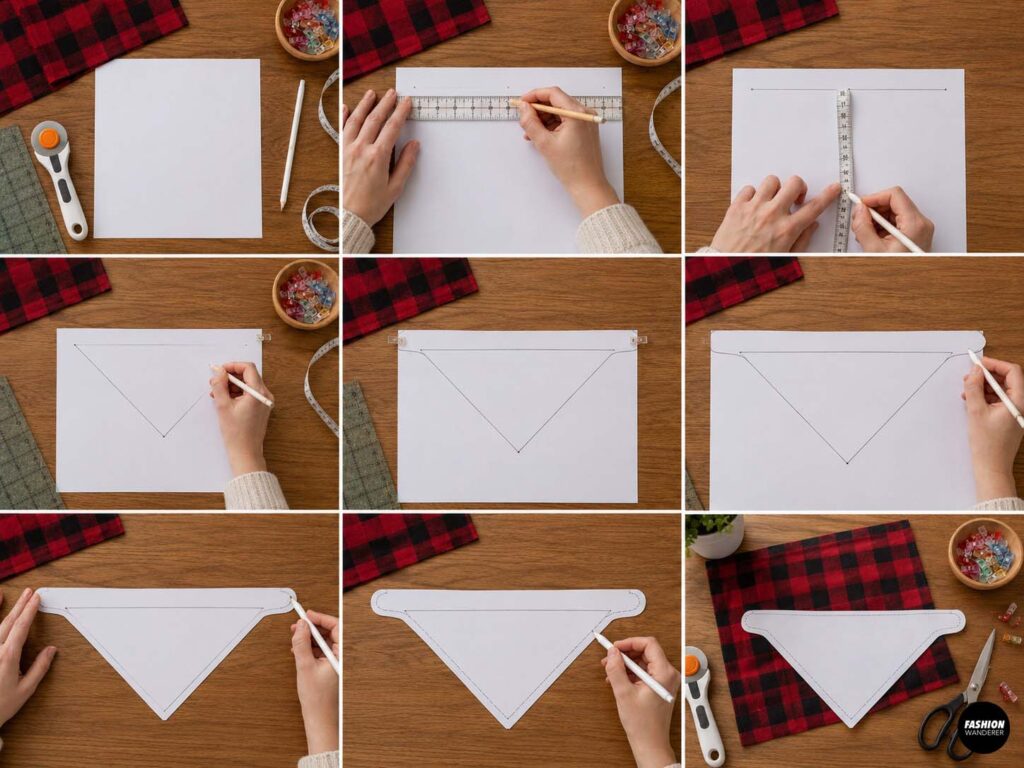 Step-by-step collage showing how to draft a triangular dog bandana sewing pattern on white paper using a ruler, measuring tape, pencil, and curved tie ends.