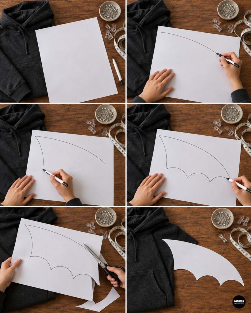 Step-by-step collage showing a bat wing pattern being drawn on white paper with a curved top edge and scalloped lower edge, then cut out for use as a template.