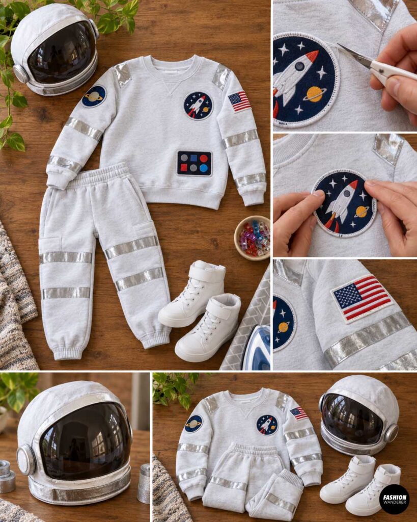 DIY kids astronaut costume displayed on a wood table with a white sweatshirt and sweatpants, space patches, reflective silver trim, white boots, and a homemade astronaut helmet, with close-up views of the finished details.