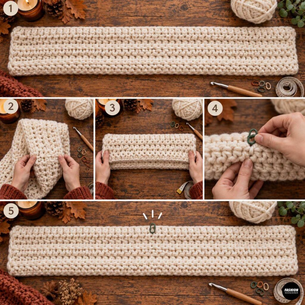 Chunky cream crochet scarf folded in half with a stitch marker placed at the center to prepare for attaching the hood.