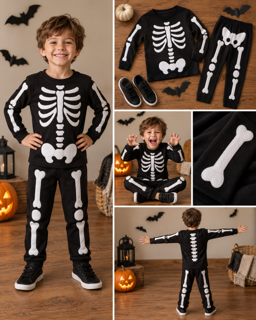 Collage showing the completed kids&rsquo; DIY skeleton costume with white bone appliqu&eacute;s on the shirt and pants, including front, back, close-up, and modeled Halloween views.