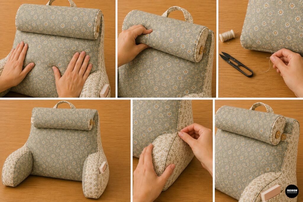 Final sewing collage showing the floral reading pillow being shaped, adjusted, and hand stitched, with padded armrests, rolled headrest, carrying handle, and side book pocket.