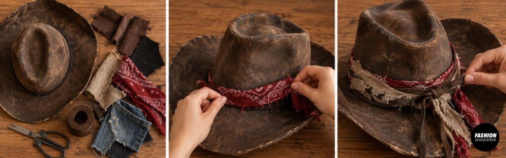 Weathered brown cowboy hat decorated with a distressed red bandana and torn brown fabric strips for a DIY undead cowboy Halloween costume.