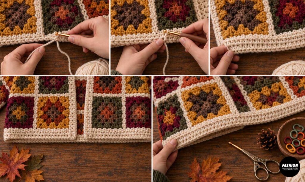 Close-up crochet tutorial showing cream yarn worked along the bottom edge of a fall granny square cardigan to create a neat ribbed hem.