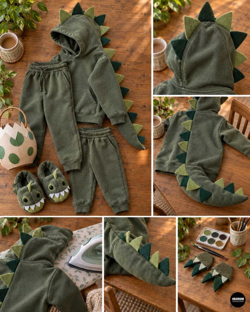 Finished olive green dinosaur hoodie costume displayed with matching sweatpants, soft felt spikes running from the hood down the back and tail, dinosaur slippers, and final pressing and shaping details.