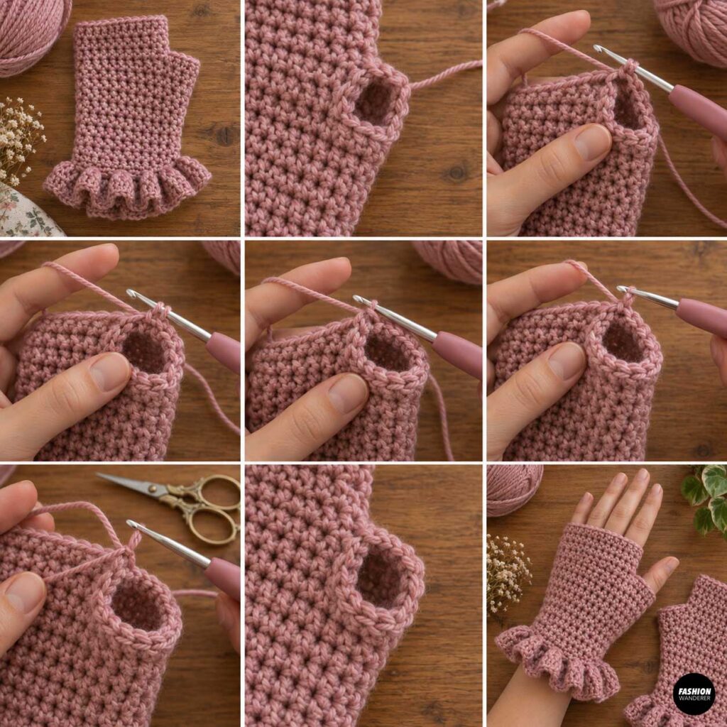 Step-by-step collage showing crochet stitches worked evenly around the thumb opening of a pink fingerless glove for a neat finished edge.