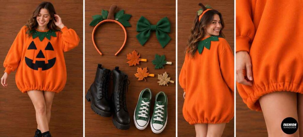 Halloween styling collage showing a woman wearing the finished orange pumpkin sweatshirt dress with a stem headband, plus accessory ideas including boots, green sneakers, bows, and fall hair clips.
