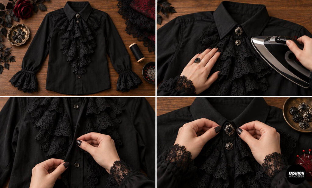 Final finishing collage showing a completed black vampire shirt with lace jabot and cuffs being pressed, checked for loose threads, and adjusted around the decorative buttons.