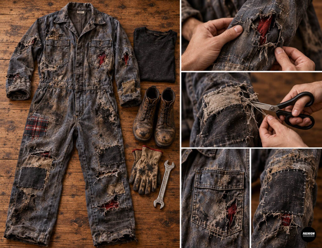 Finished distressed zombie mechanic jumpsuit covered with torn holes, frayed fabric patches, contrast stitching, red accents, and grease stains, styled with work boots, gloves, and a wrench.