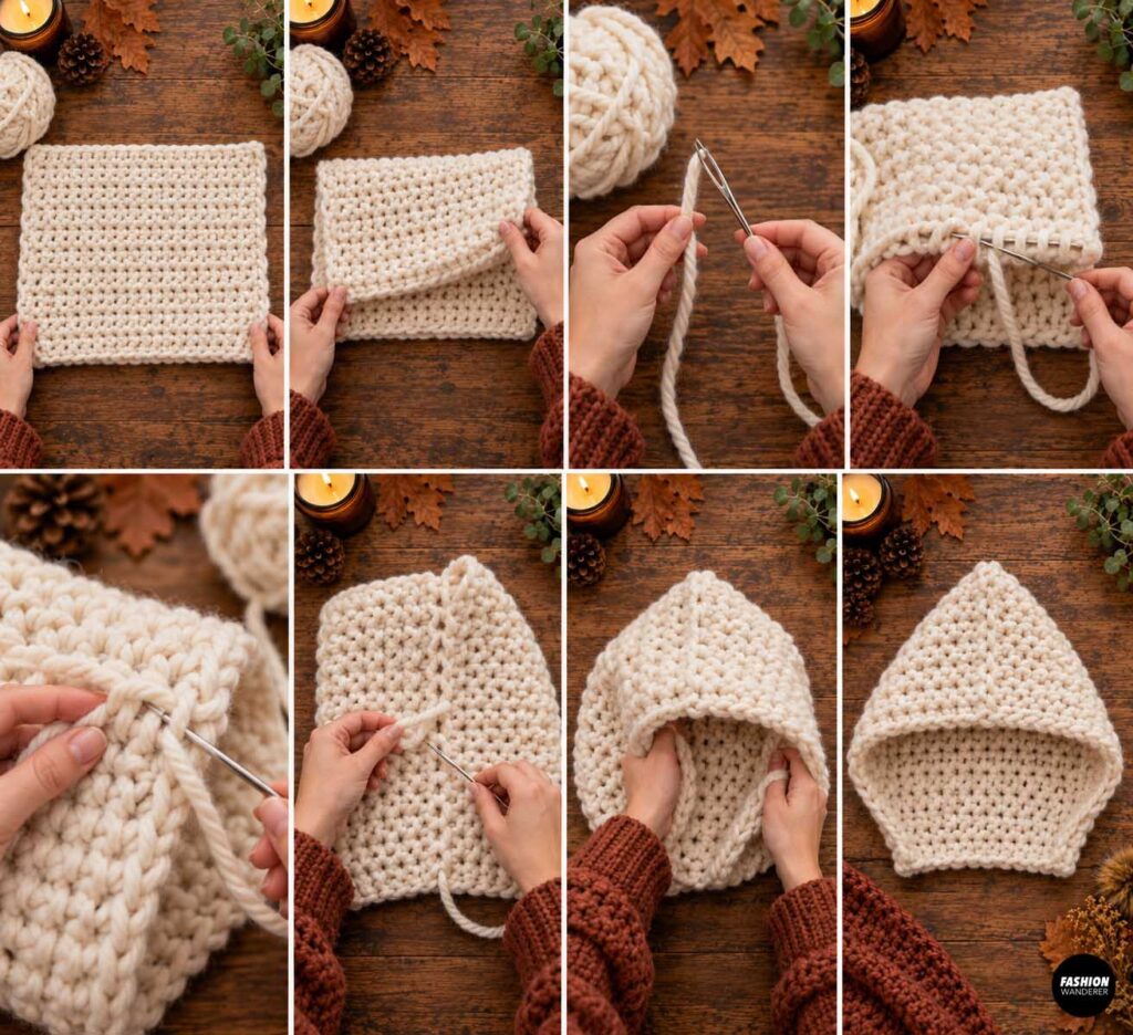 Chunky cream crochet hood panel folded in half and hand sewn along the back seam with a yarn needle to form the hood.