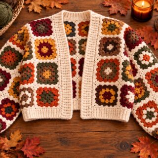 Fall granny square cropped cardigan crochet pattern in cream, rust, mustard, burgundy, olive, and brown yarn displayed on a wooden table with autumn leaves, yarn, pumpkin, candle, and coffee.