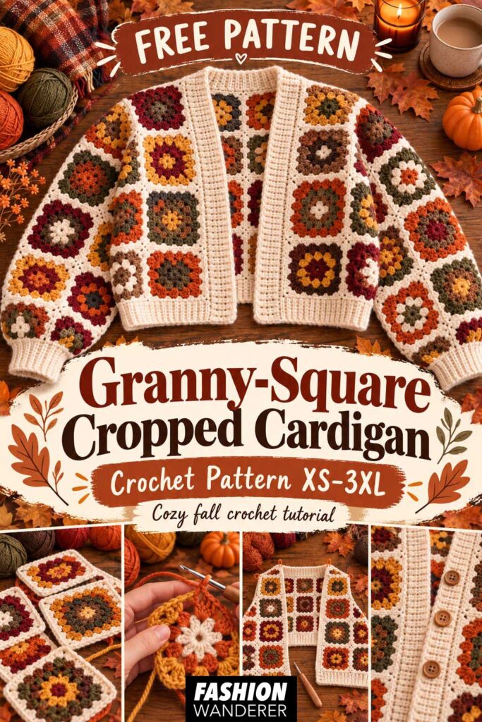 Pinterest pin for a free granny square cropped cardigan crochet pattern XS–3XL featuring a colorful fall cardigan, crochet granny squares, yarn, and step-by-step crochet details.