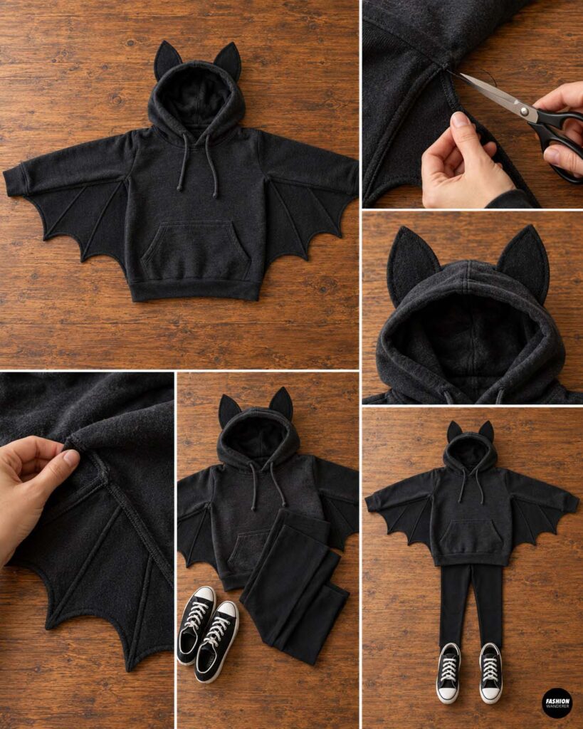Collage showing the completed black bat hoodie with pointed ears and attached wings, loose threads being trimmed, seams inspected, and the finished costume styled with black pants and sneakers.