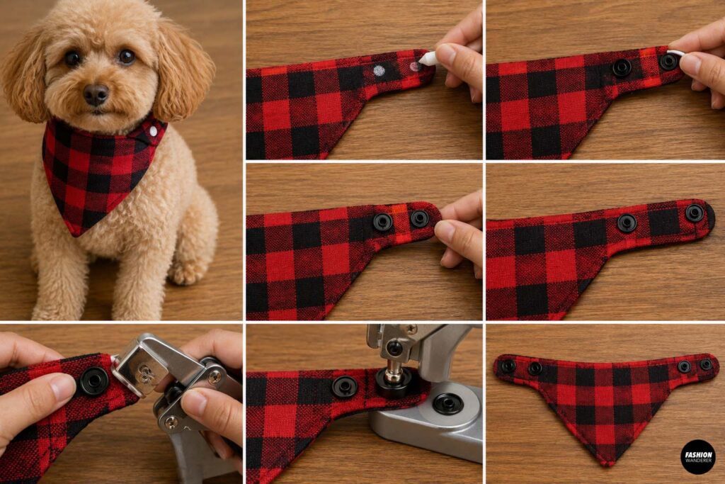 Collage showing the final safety check for a handmade reversible dog bandana, including trimming loose threads, checking adjustable snaps, viewing the contrasting plaid reverse side, and testing the finished bandana on a small dog.