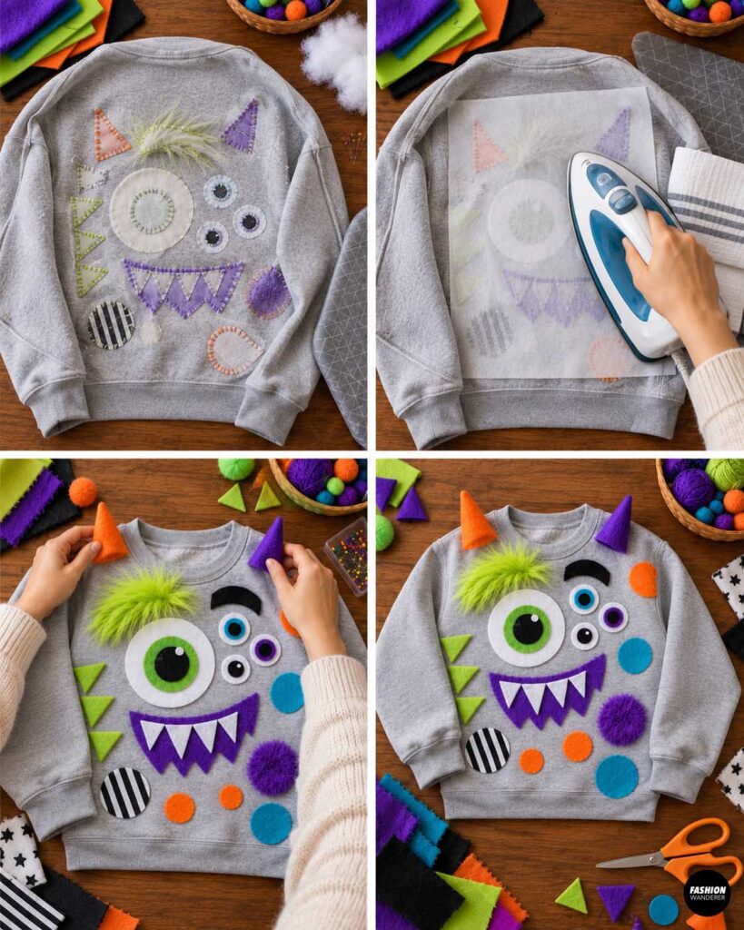 Collage showing the decorated monster sweatshirt turned inside out and lightly pressed through a protective pressing cloth, followed by reshaping the horns and displaying the completed colorful DIY monster sweatshirt costume.