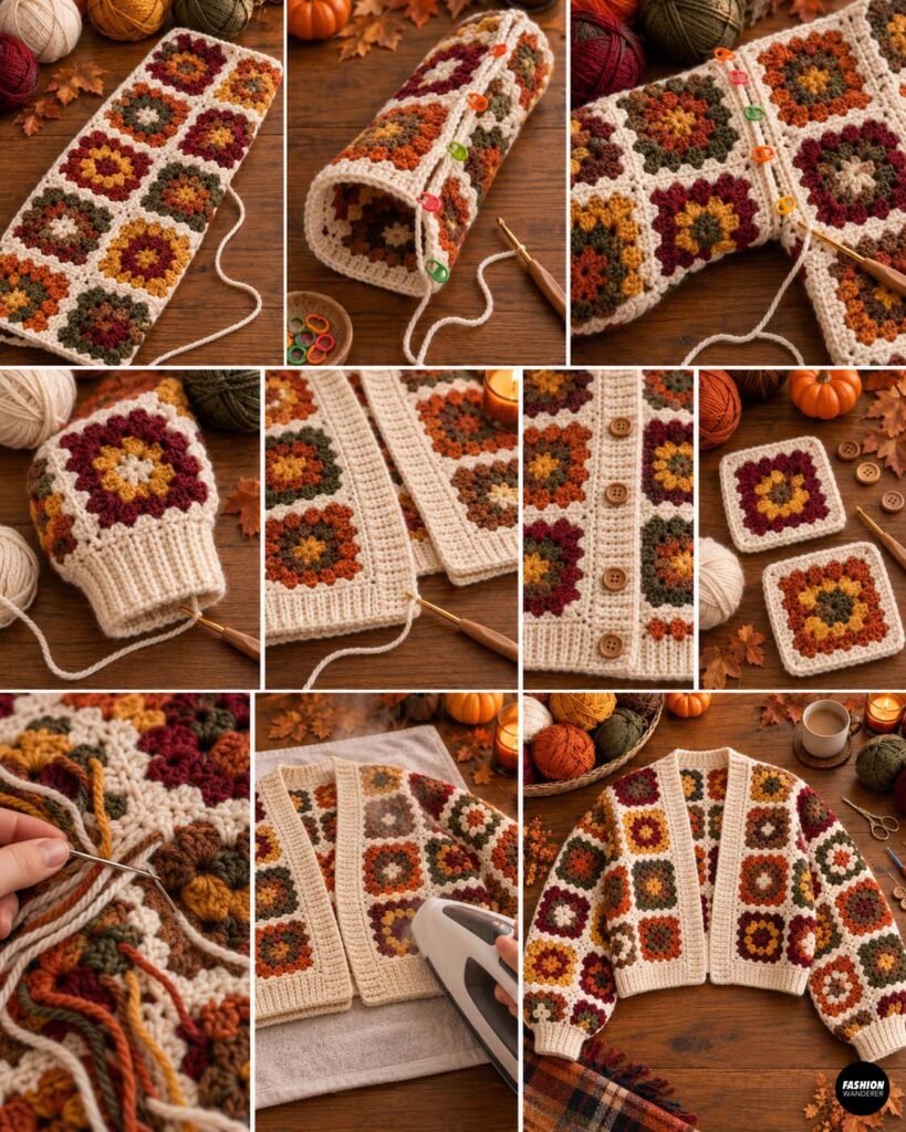 Step-by-step granny square cardigan sleeve assembly showing crochet motifs joined into sleeve panels, attached to the body, finished with cuffs, edging, buttons, and woven yarn ends.