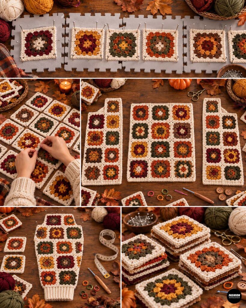 Granny square cardigan body layout showing blocked crochet squares arranged and joined into back and front panels for a cropped cardigan.
